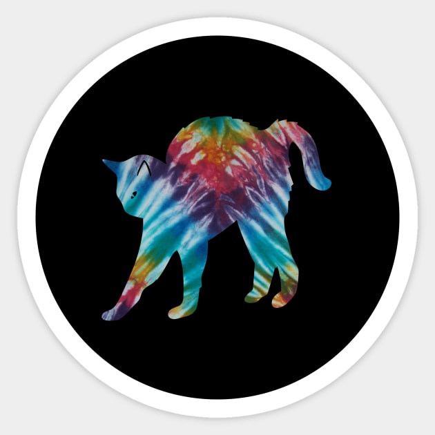 Stretching Tie-Dye Cat on Black Circle Sticker by SpotterArt